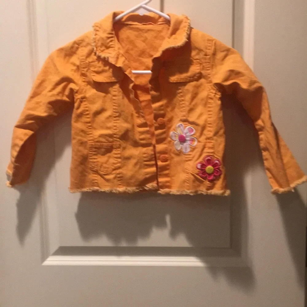Orange embellished girls flower Jean jacket embroider raw hem no tag see below